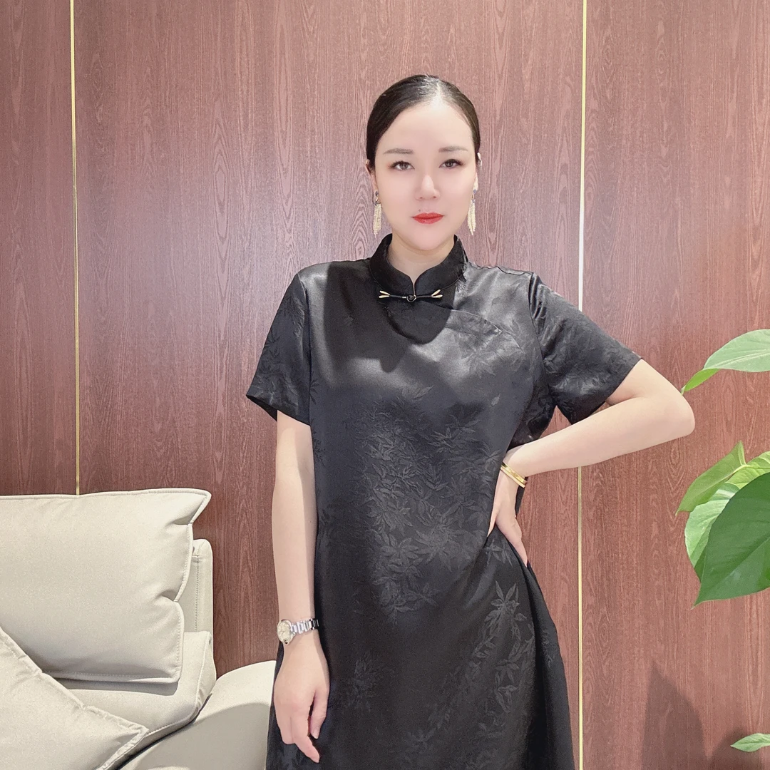 【宸慕】重绉真丝100桑蚕丝黑色旗袍