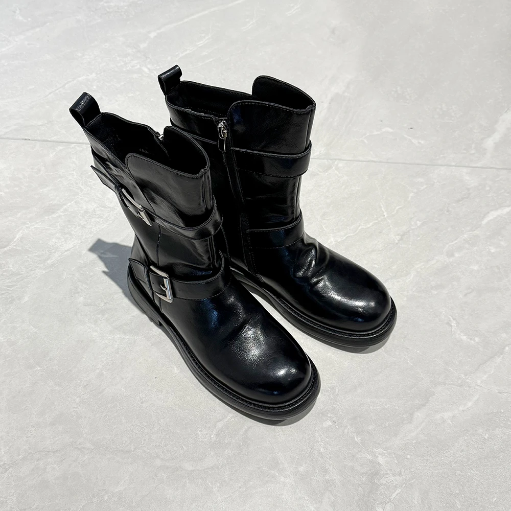 【余欢欢】冬季时尚百搭圆头侧拉链加绒骑士靴-YHX50131