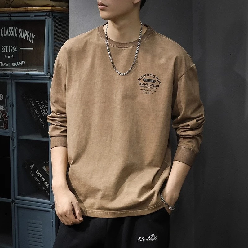 Cebrodz美式重磅复古水洗纯棉长袖t恤男装宽松大码潮牌圆领宽松
