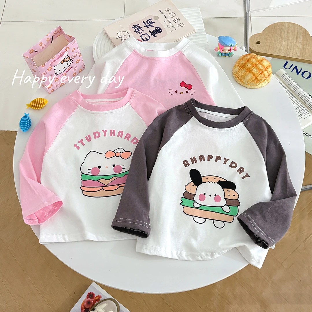 【面料柔软】春秋长袖吸汗宝宝衣服女童汉堡印花圆领韩版纯棉a类