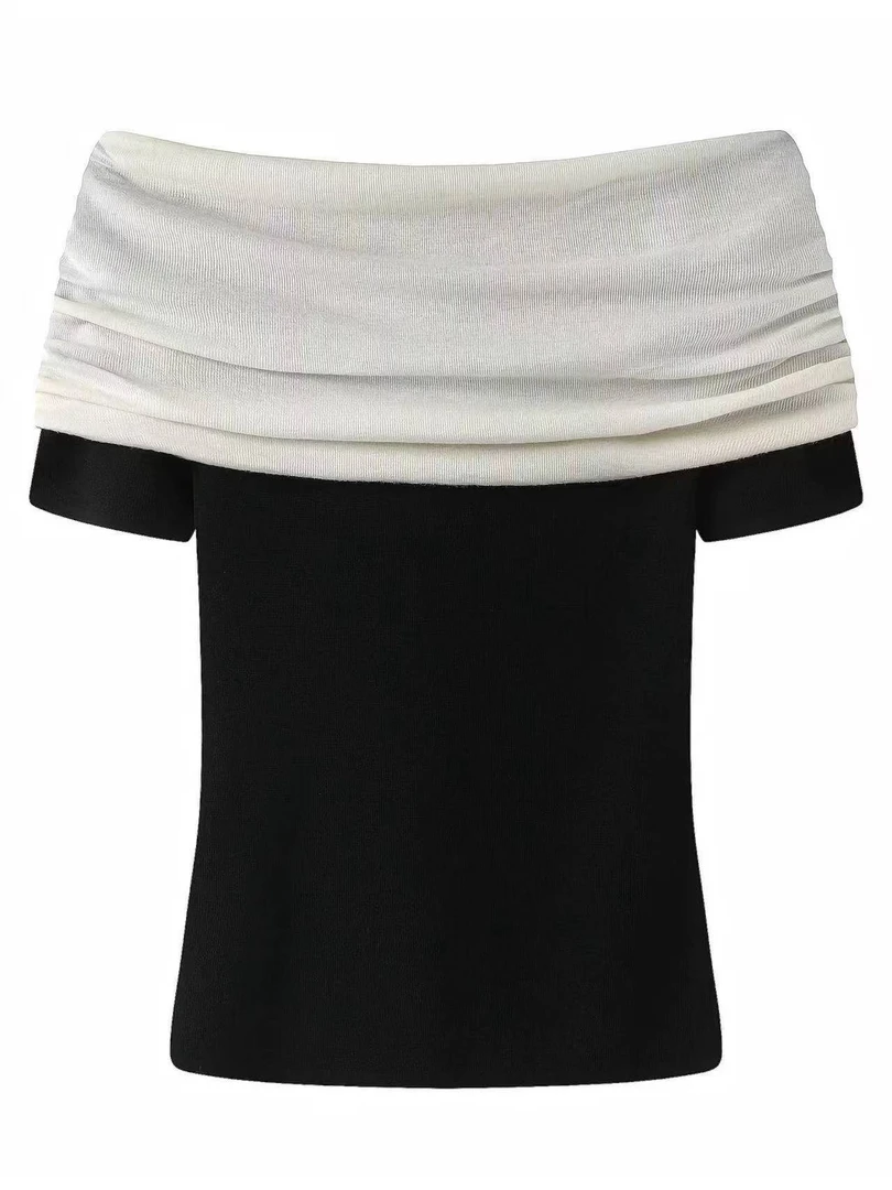 艾家2025早秋新款休闲百搭一字肩拼接针织女3059