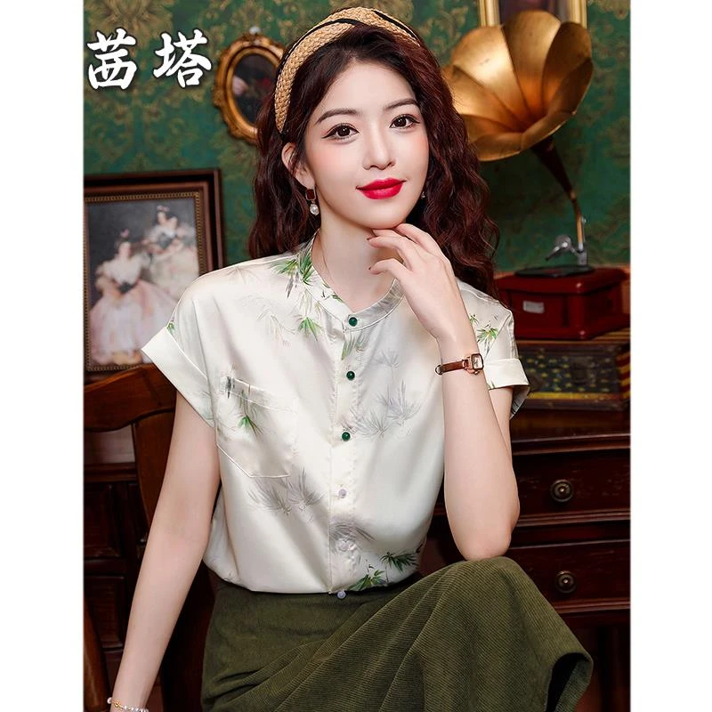 新中式印花立领短袖衬衫女夏季洋气复古中国风连肩单排扣小衫上衣