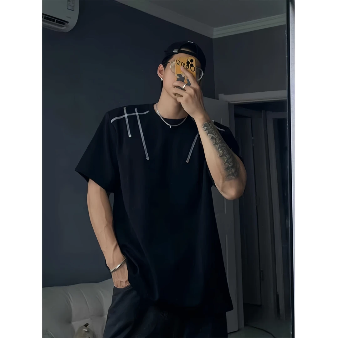 高级感垫肩设计感小众重磅铆钉宽松撞色短袖t恤男半袖