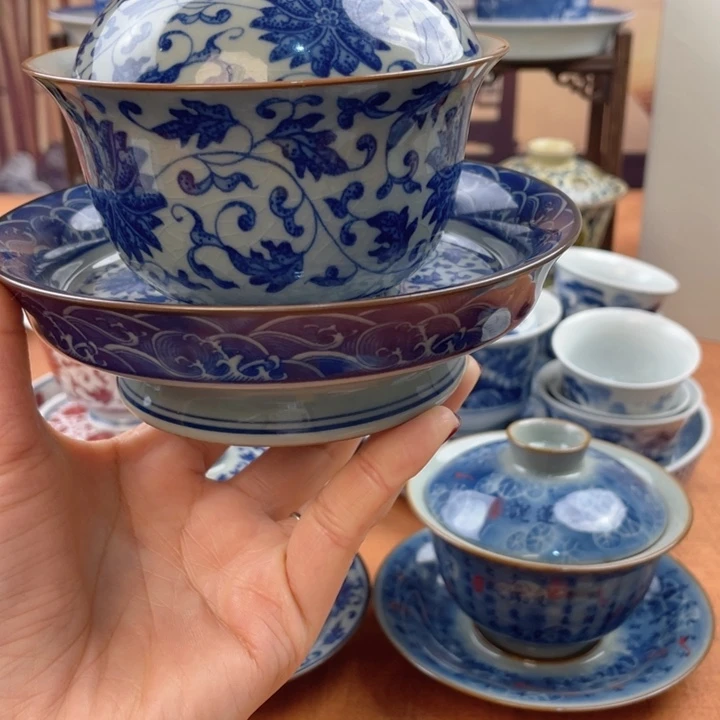 陶摆件老陶泥缠枝莲高足盖碗