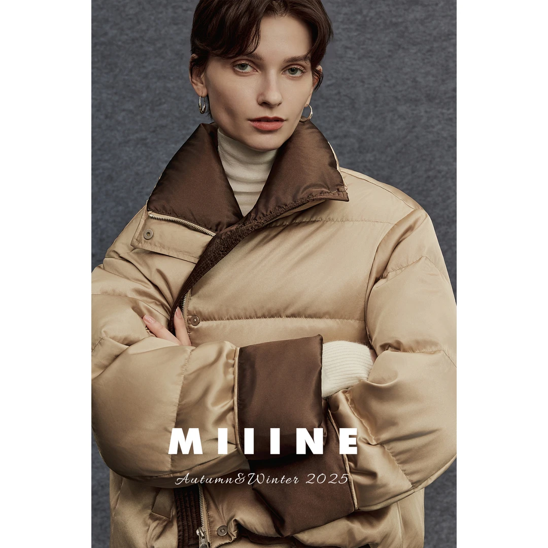 Miiine珠光真丝短款鹅绒服 撞色立领箱型金属磁吸扣复古撞色外套