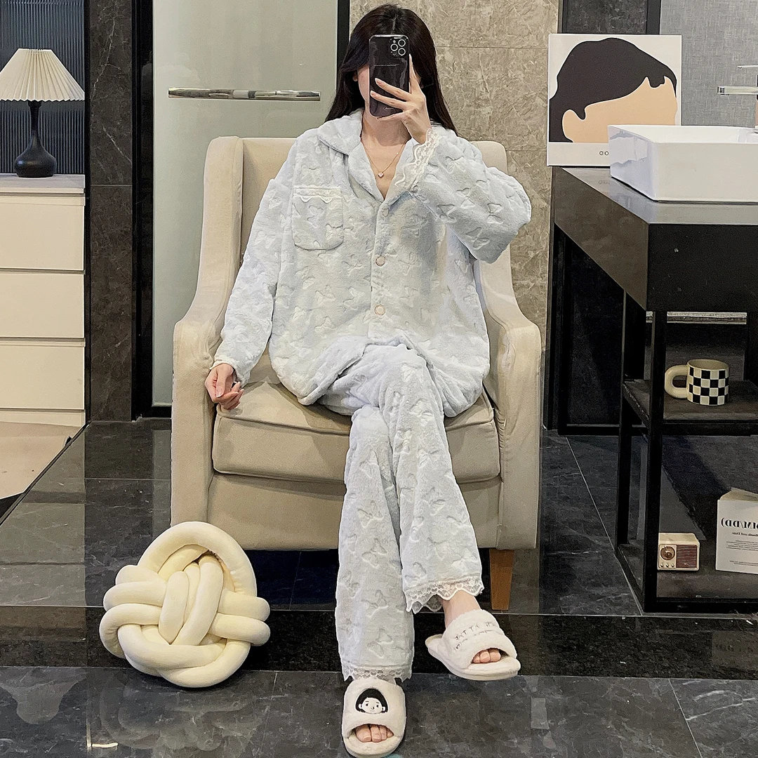 珊瑚绒睡衣女秋冬季法兰绒加厚可外穿蓝色保暖大码家居服冬天套装