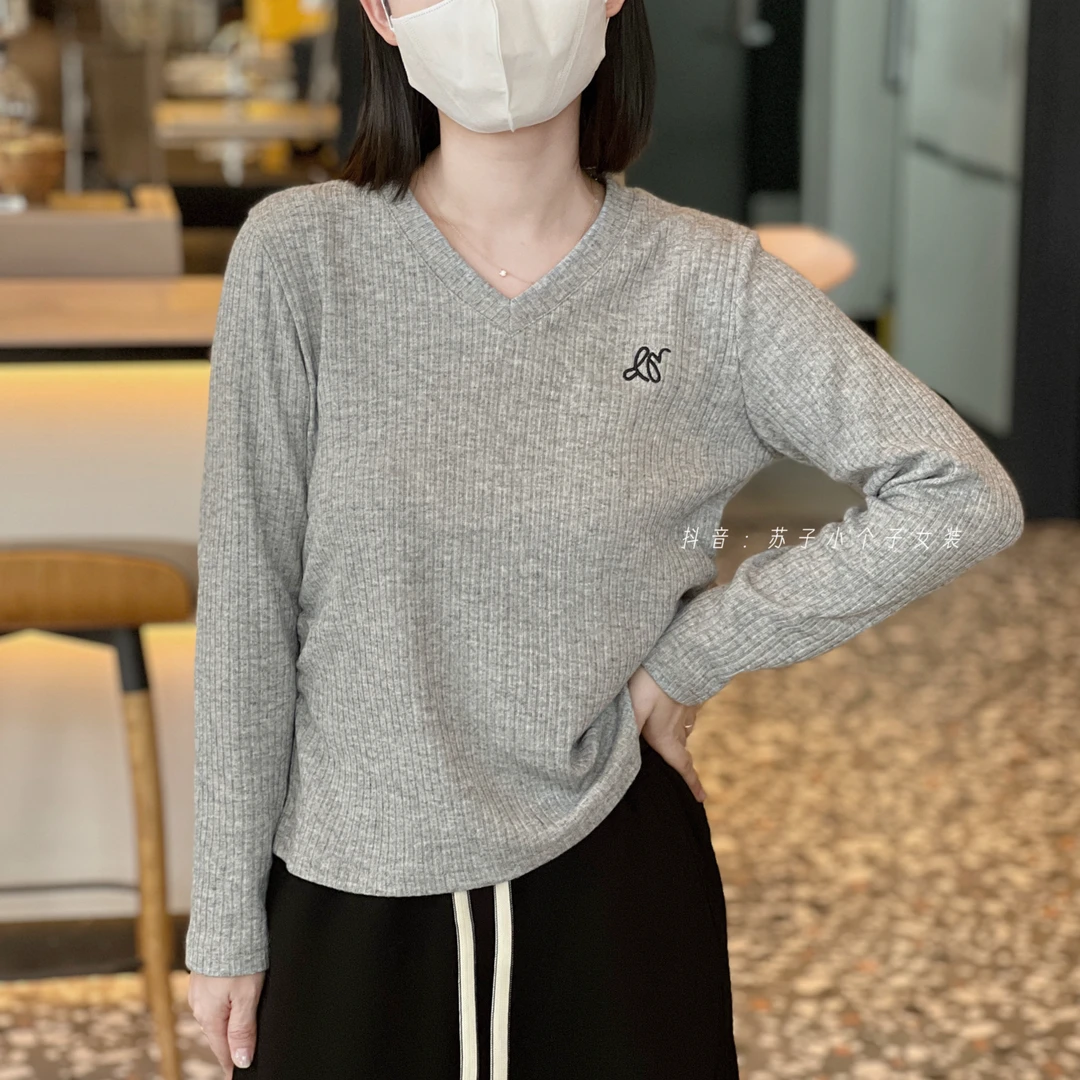 苏子自制【甜心】V领收腰长袖衫秋季亚麻弹力显瘦百搭长袖针织上衣