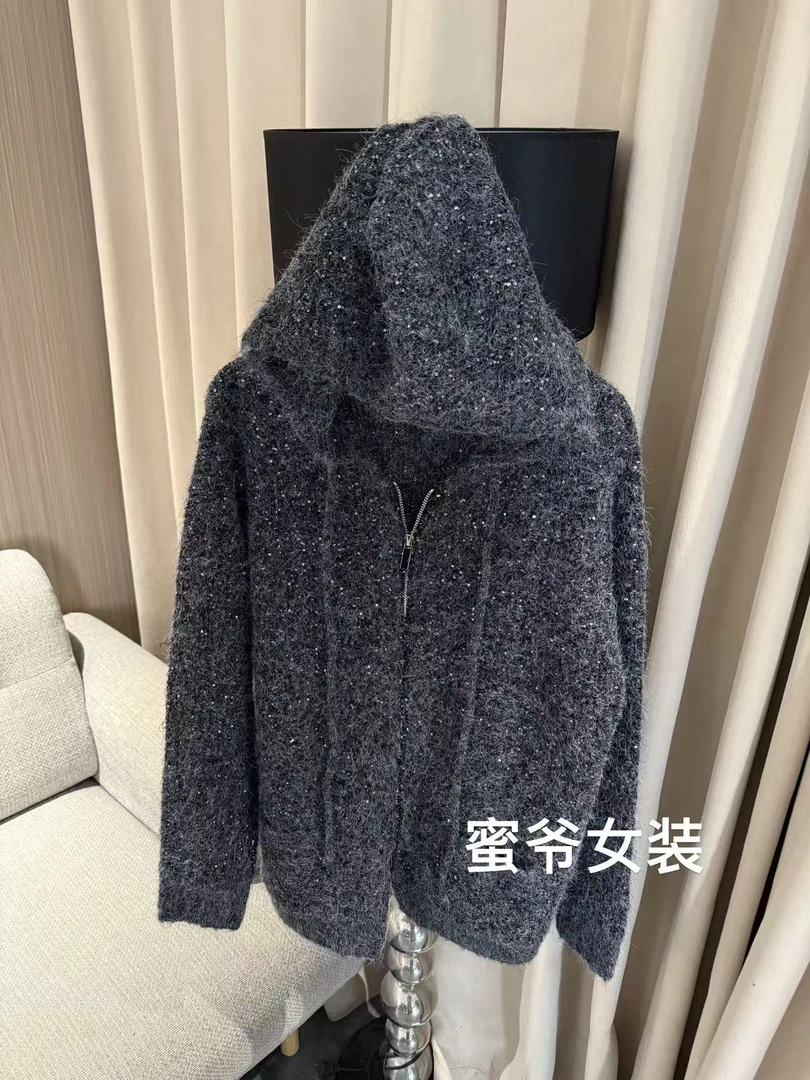 【蜜爷家】秋季亮片双拉链连帽软糯毛衣外套