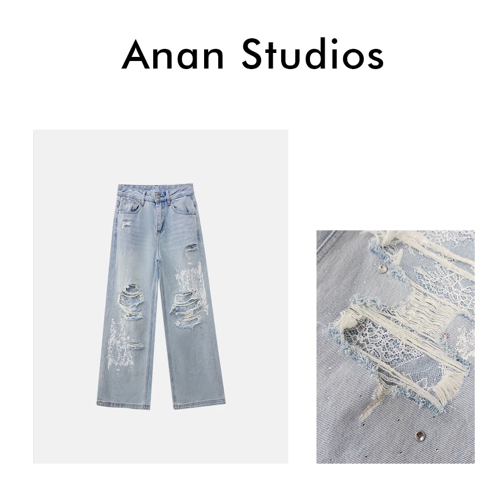 [no退no换]【星钻芭蕾】水洗带钻破洞蕾丝阔腿牛仔裤★6691