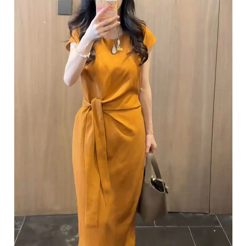 系带短袖休闲洋气显瘦连衣裙2025年夏季新款设计感中长款时尚裙子