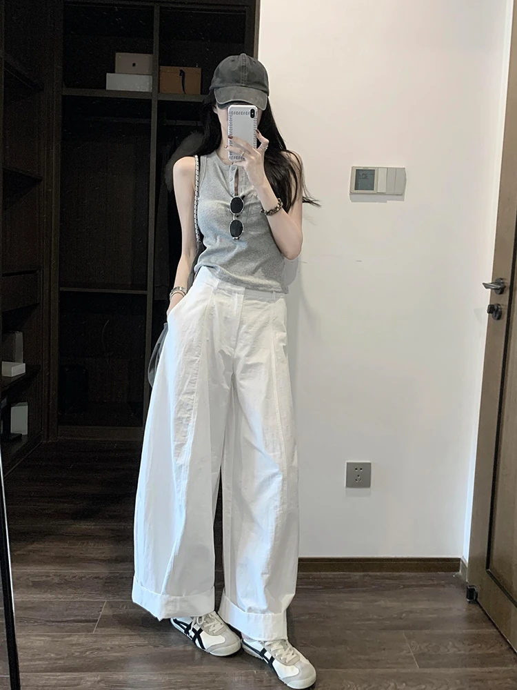 夏日松弛感垂坠感白色休闲宽松慵懒风裤子女2025新款今年流行夏季