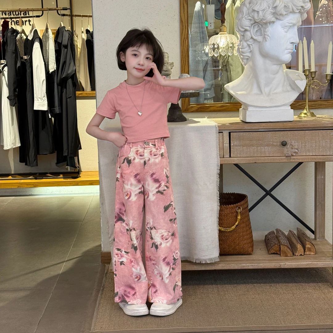 美式玫瑰印花直筒牛仔裤2025年女童潮ins洋气时尚高腰宽松阔腿裤6