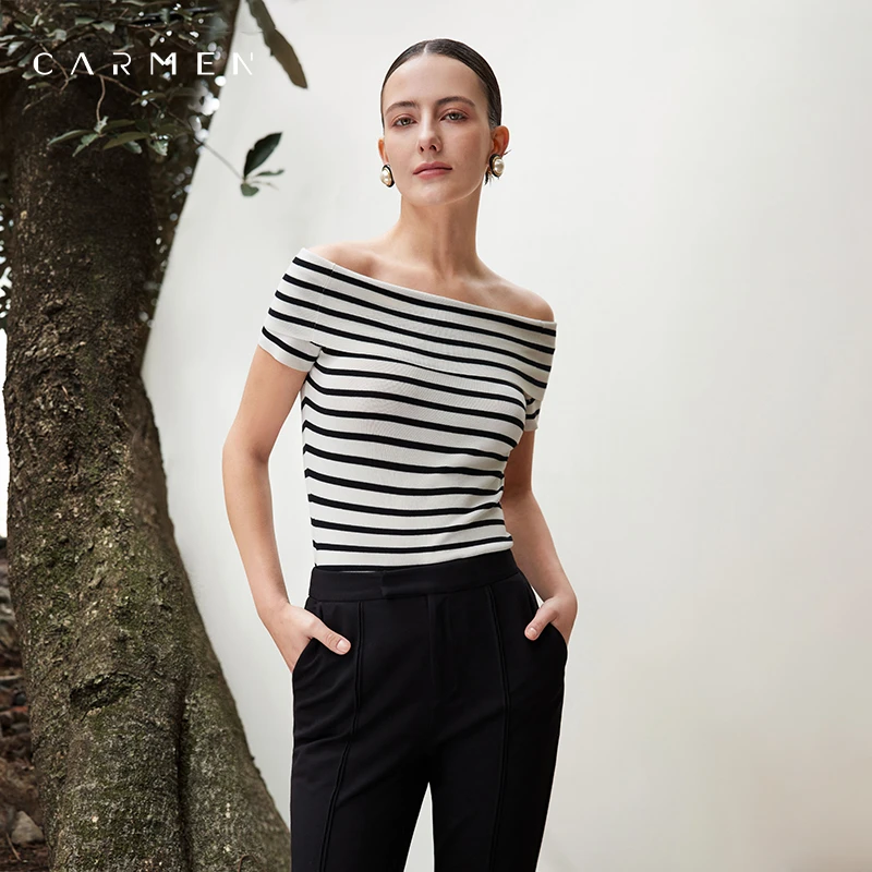 卡蔓高端品牌一字领条纹T恤女短袖2025春夏修身显瘦气质针织上衣