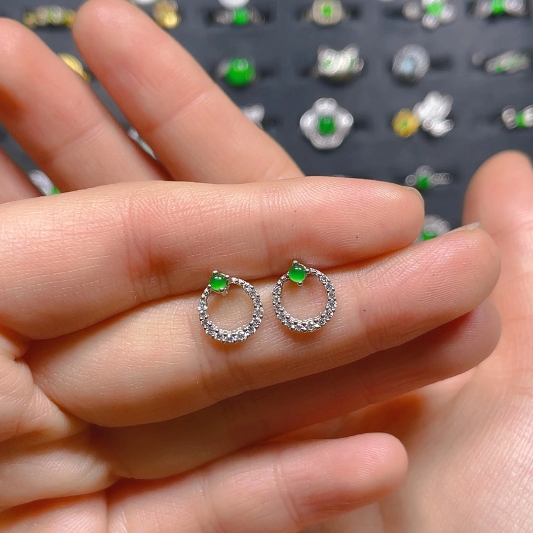 翡翠戒指银S925镶嵌耳钉