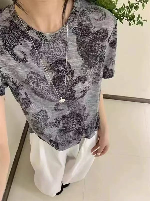 欧洲站乌衣轩夏季新款宽松套头印花短袖女