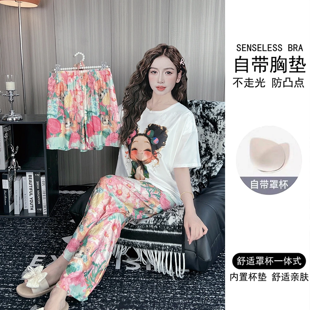 带胸垫夏季提花冰丝睡衣女短袖薄款三件套宽松卡通家居服套装夏天