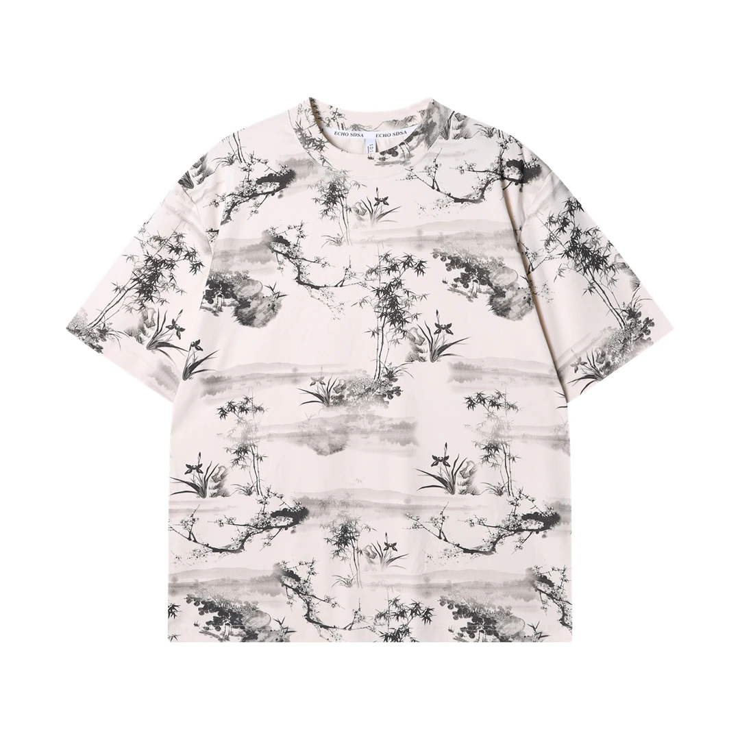 T3076夏季高级感新款国风水墨花卉圆领短袖T恤休闲时尚宽松上衣