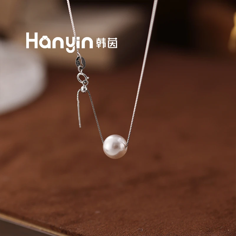 坠链均925银仿珍珠 10mm曼塔玫瑰紫珠珠纯银针式抽拉万能链项链