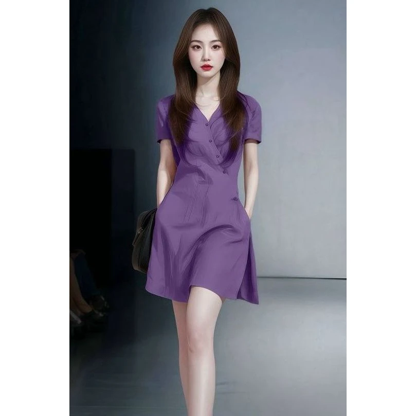紫色连衣裙新款气质夏季收腰时尚2025年爆款一眼惊艳短袖显瘦裙子