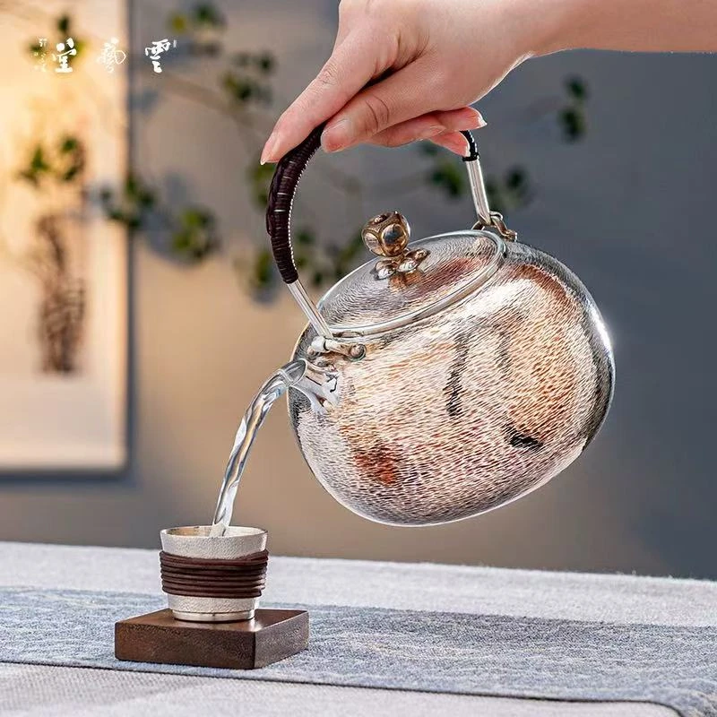 芸术云艺堂 纯银999泡茶壶纯手工日式烧水壶锤纹波纹圆珠提梁银壶
