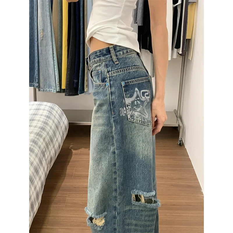 破洞设计感阔腿牛仔裤女夏季2025新款高腰宽松高街拖地裤子ins潮
