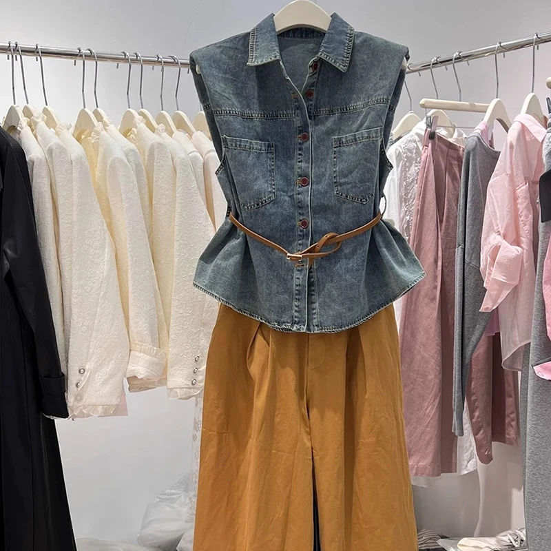 2025夏季新款韩版polo领双口袋单排扣无袖马甲收腰复古薄牛仔上衣