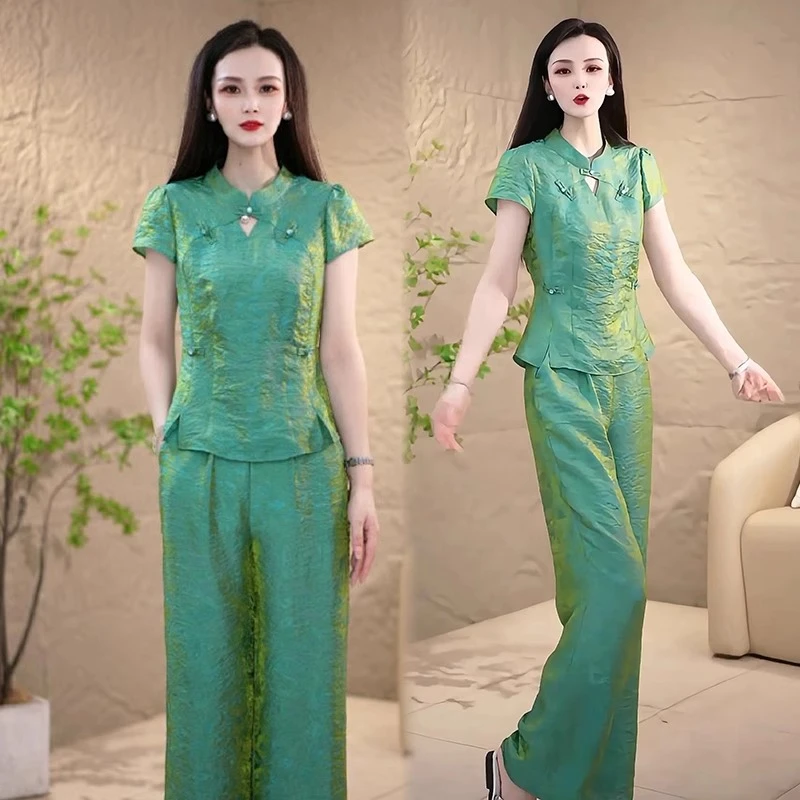 时尚套装女2025夏季新款时髦洋气新中式国风短袖上衣阔腿裤两件套