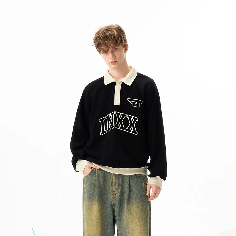 【圈圈大爷专属】【INXX】复古校园风拼接卫衣polo领上衣XRF1100555