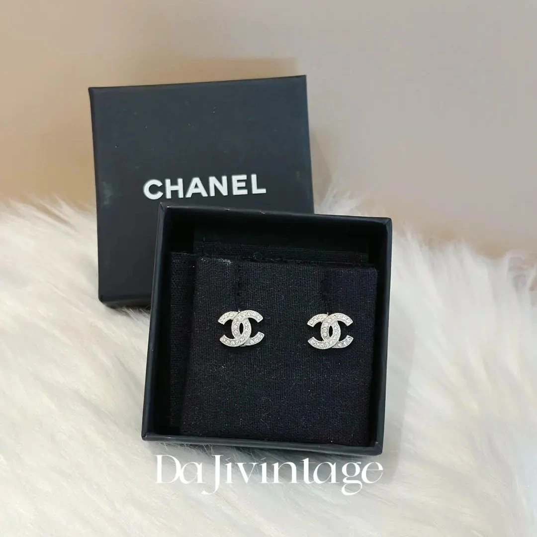 99新 Chanel/香奈儿 大吉中古/Chanel香奈儿银色小双c满钻耳钉