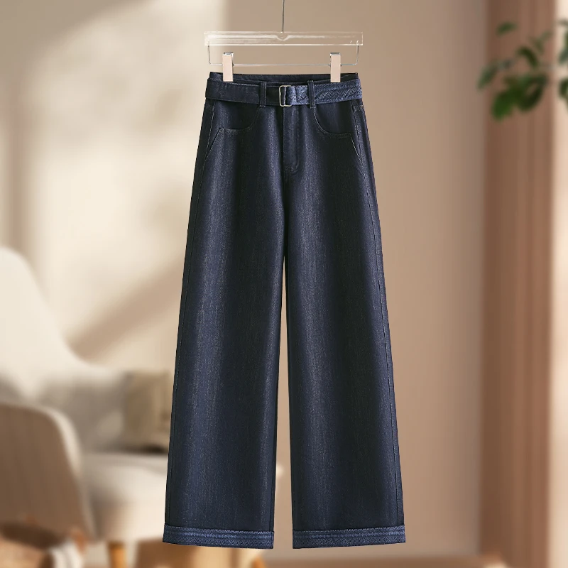 冰丝九分牛仔裤女2025秋季新款印花卷边小个子显瘦高腰直筒裤子