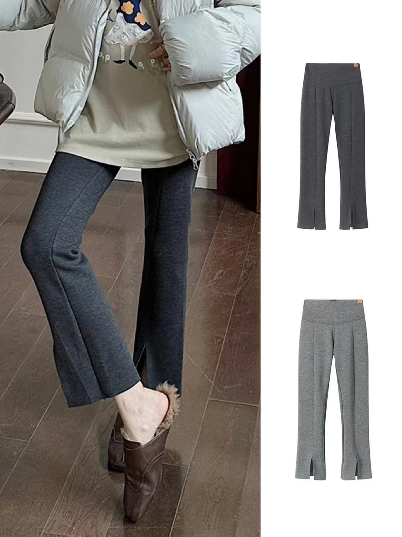 REREK软糯宽腰绵羊毛加绒开衩打底长裤女25秋冬新款