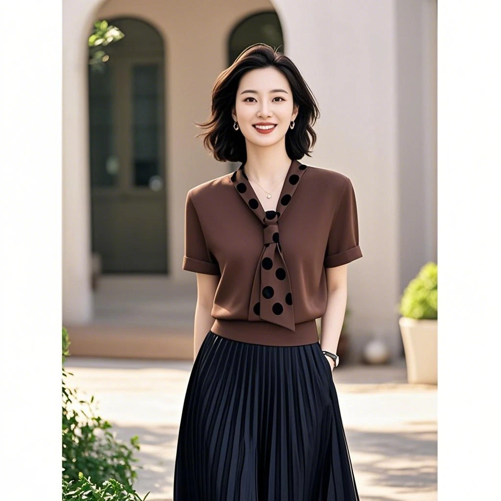 轻熟气质设计感咖色短袖T恤2025年女装春夏新款高级感系带上衣