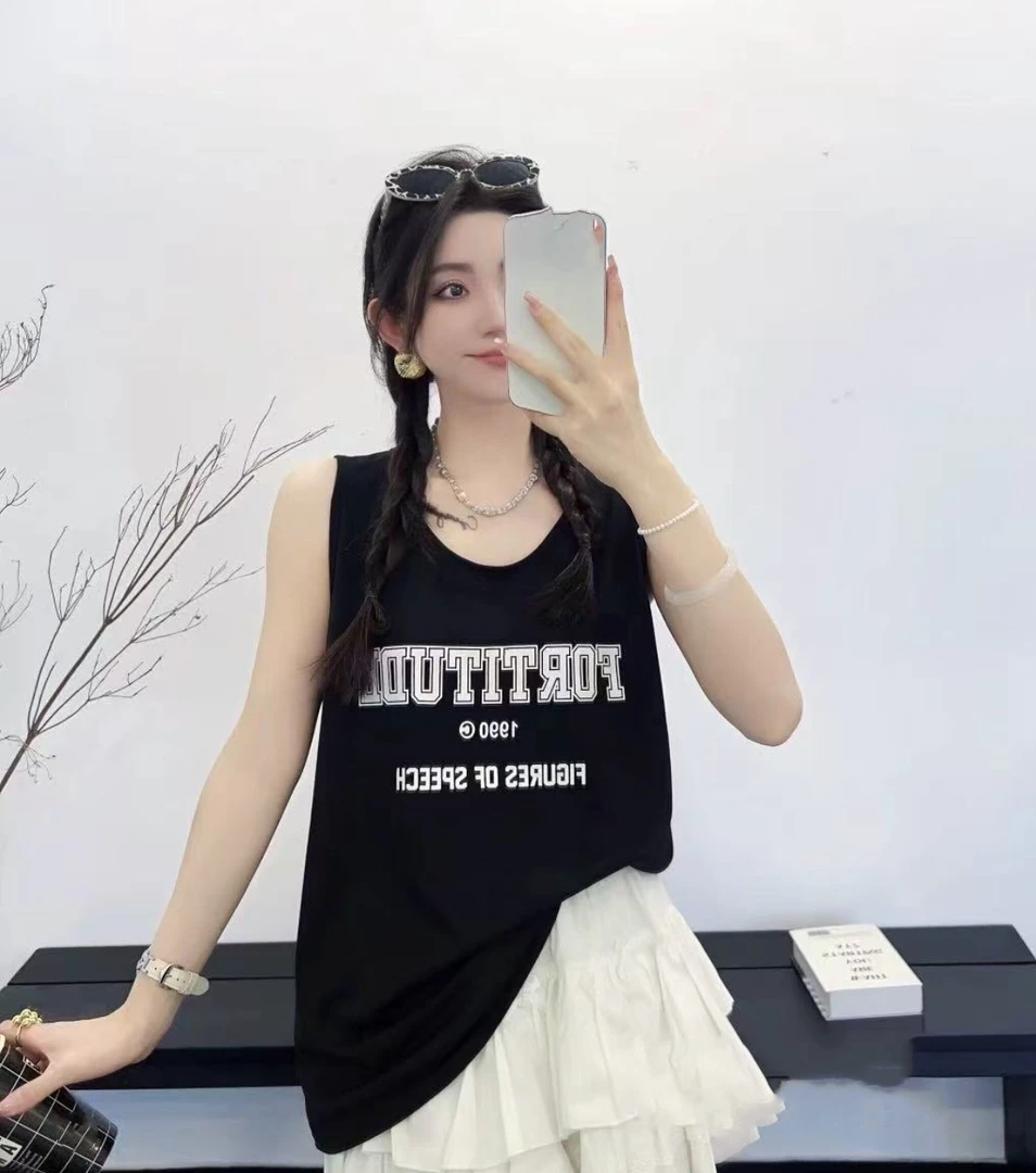 奇奇家潮派大码夏季新款宽松韩版时尚休闲雪花棉高弹字母坎袖背心