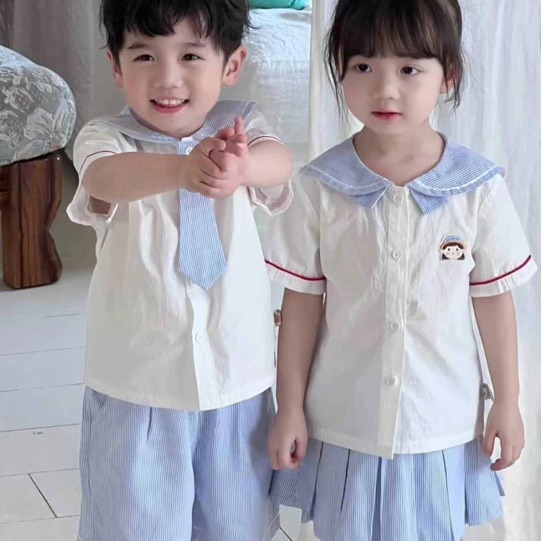 男童衬衫短裤套装2025夏新款女宝宝学院风jk风短袖百褶裙两件套