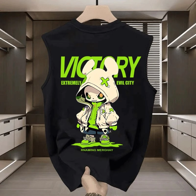 2025新款港风运动无袖夏季背心男ins潮流休闲时尚印花圆领上衣