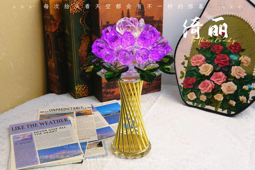 高档轻奢水晶浅紫玫瑰手捧花花摆件礼物订婚高级感装饰