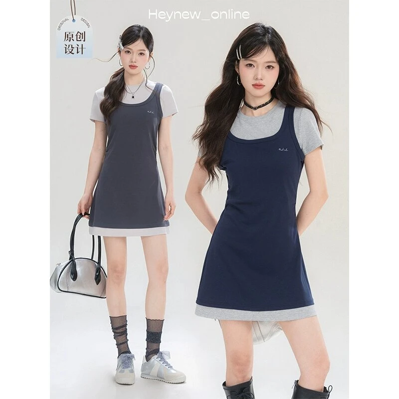 【miu系少女】韩版小众设计假两件撞色圆领显瘦学院风连衣裙5c1620