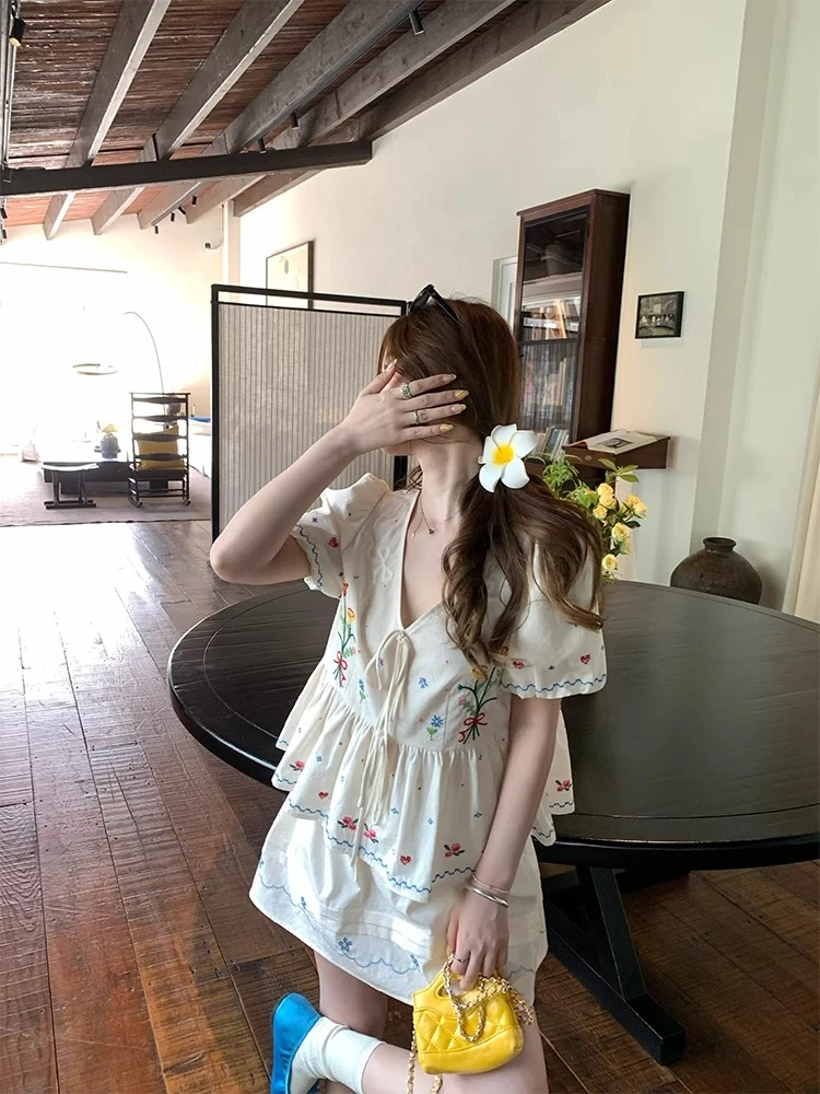 设计感潮牌百搭刺绣棉感娃娃衫连体A字半身裙夏季新款漂亮小套装