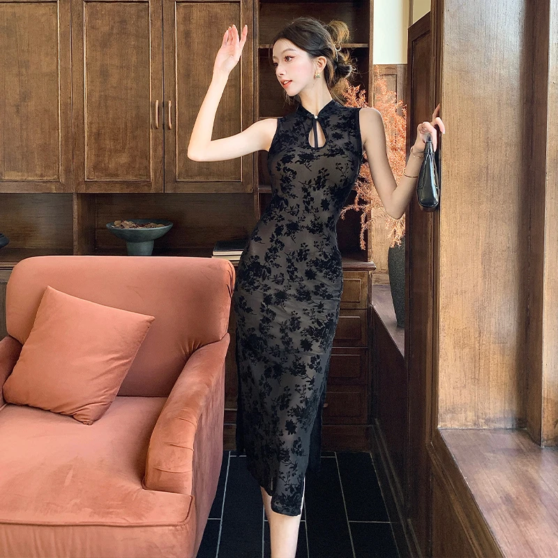 2025夏新新中式网纱印花无袖连衣裙女显瘦性感开叉中长裙