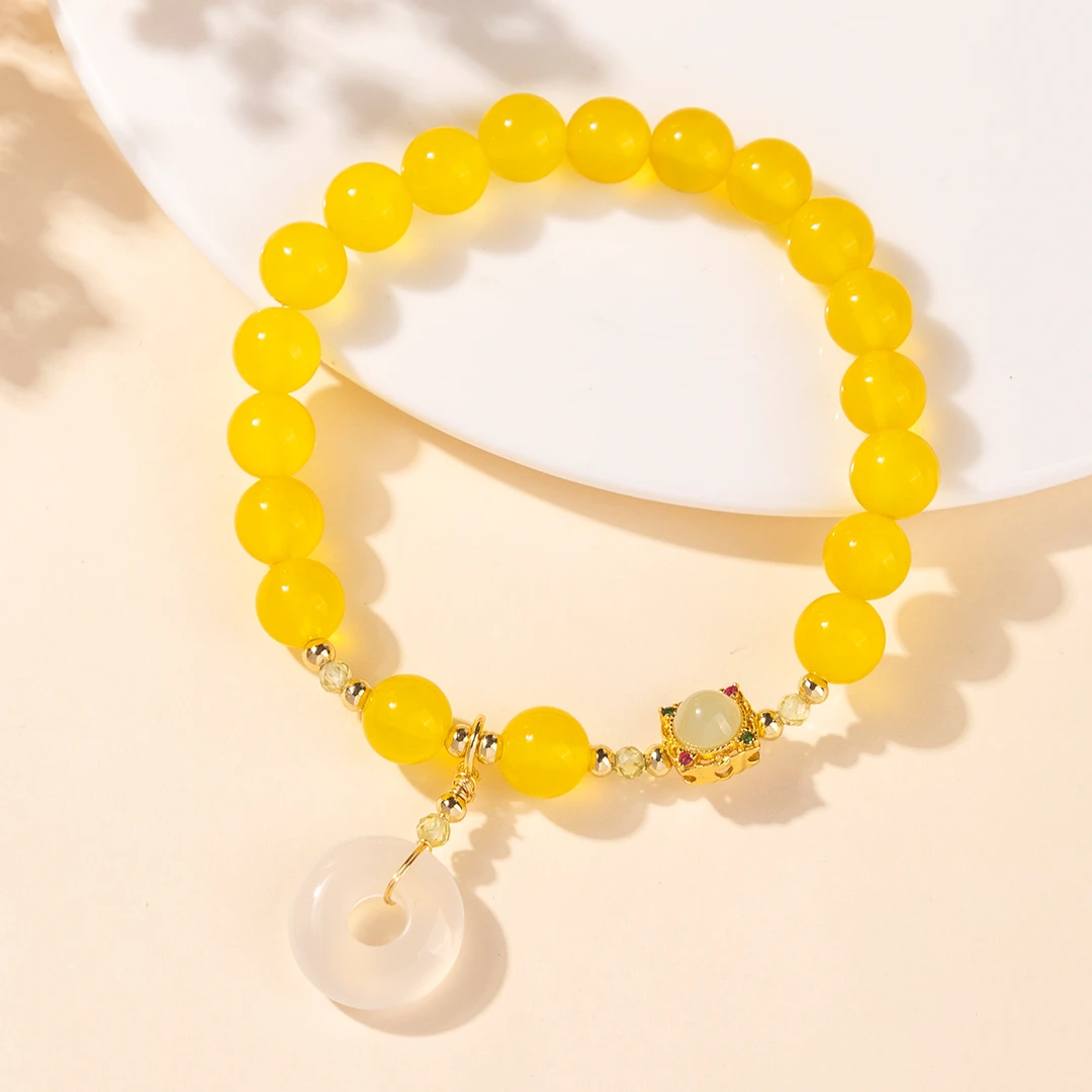 千万亿珠宝 天然黄玛瑙手串平安扣设计玉石镶嵌配饰简约时尚A294