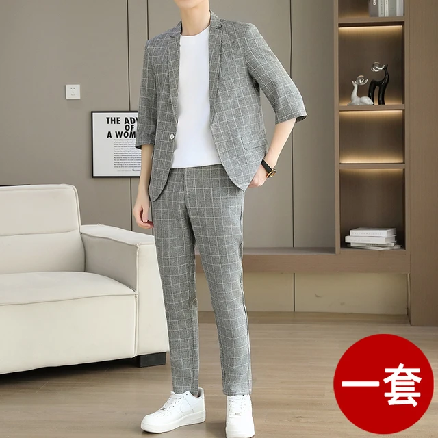男士薄款短袖西服套装夏季韩版修身商务休闲格子七分袖小西装外套