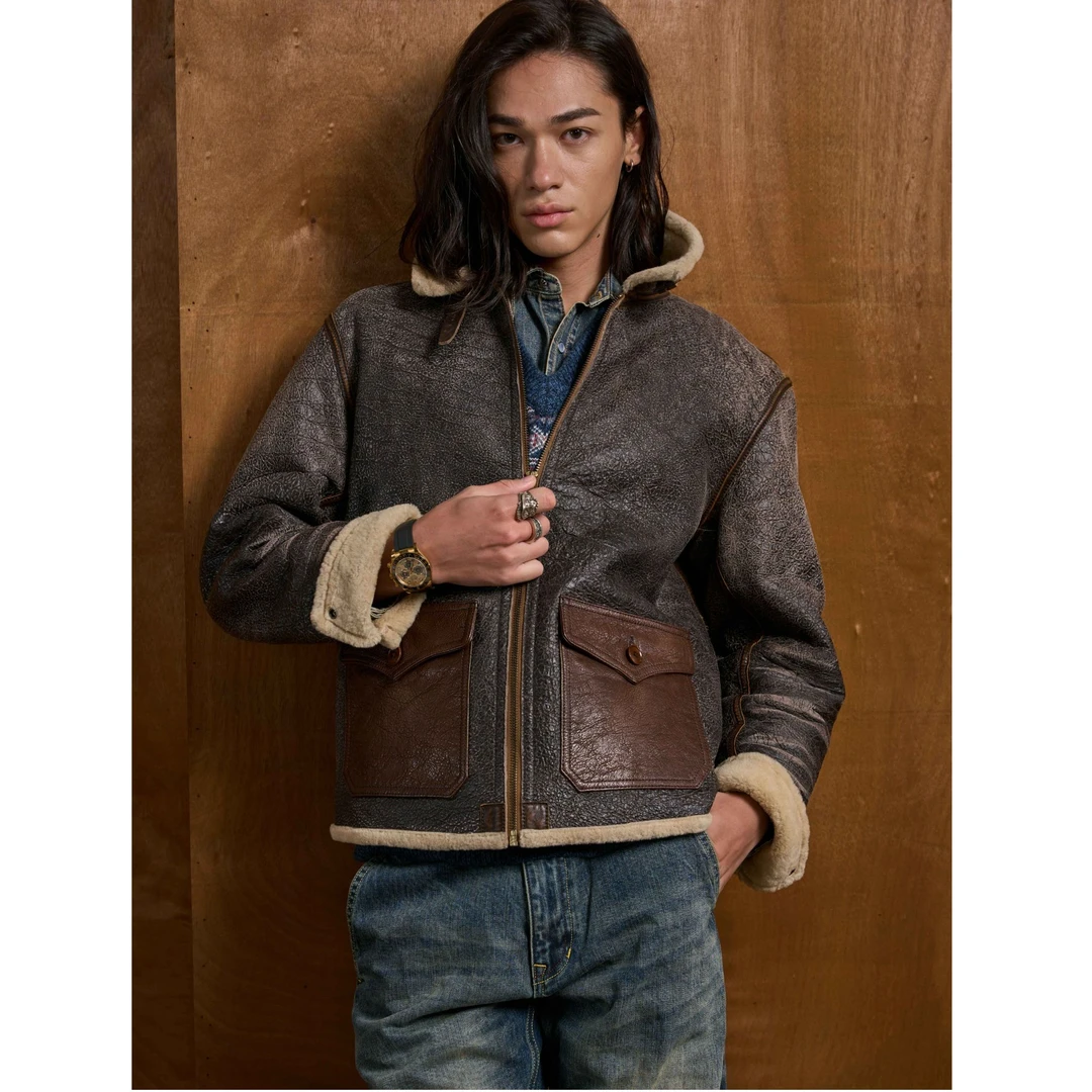 特叔【皮衣】老佛爷款皮衣毛领男士经典羊皮羊羔毛夹克春秋冬短款