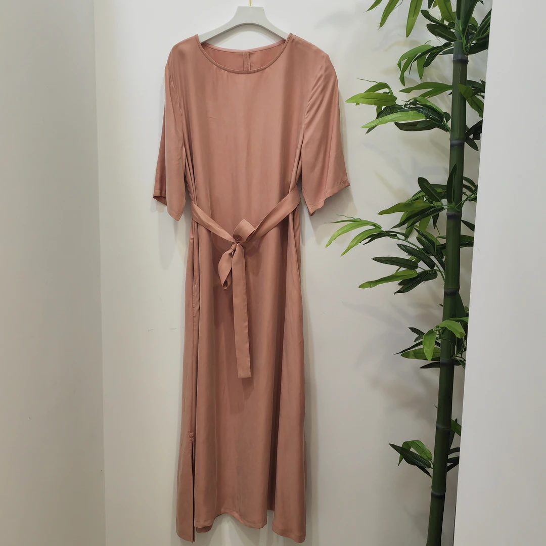 圆领铜氨丝休闲宽松版连衣裙