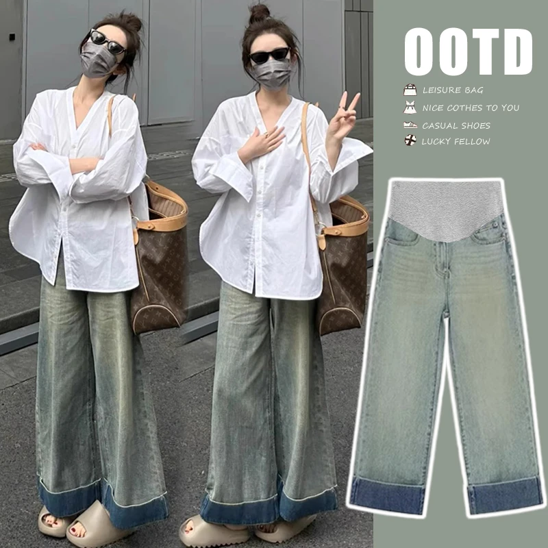 【Liner】是现货孕妇装洋气韩版宽松显瘦遮肉大码衬衫+复古蓝牛仔裤