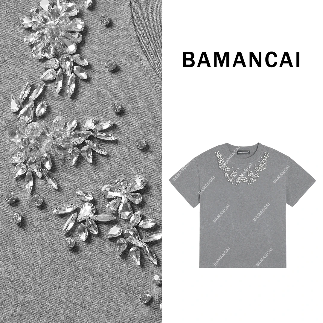 Banmancai-设计感bling重工水钻钉珠花朵短袖圆领纯棉休闲百搭T恤