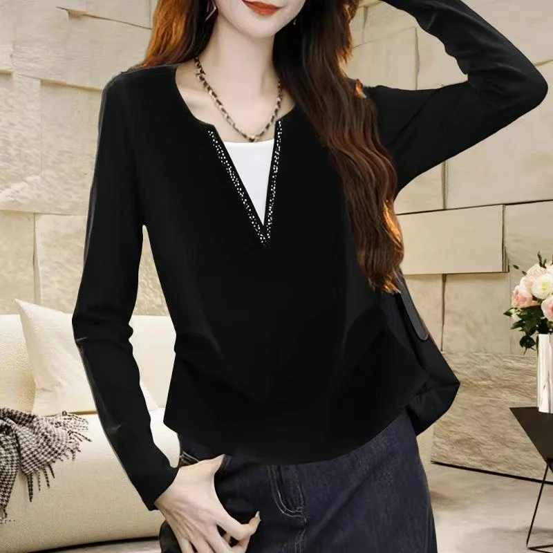 酷飒风高级感纯欲慵懒风女装钉珠假两件秋冬修身长袖打底衫t恤女