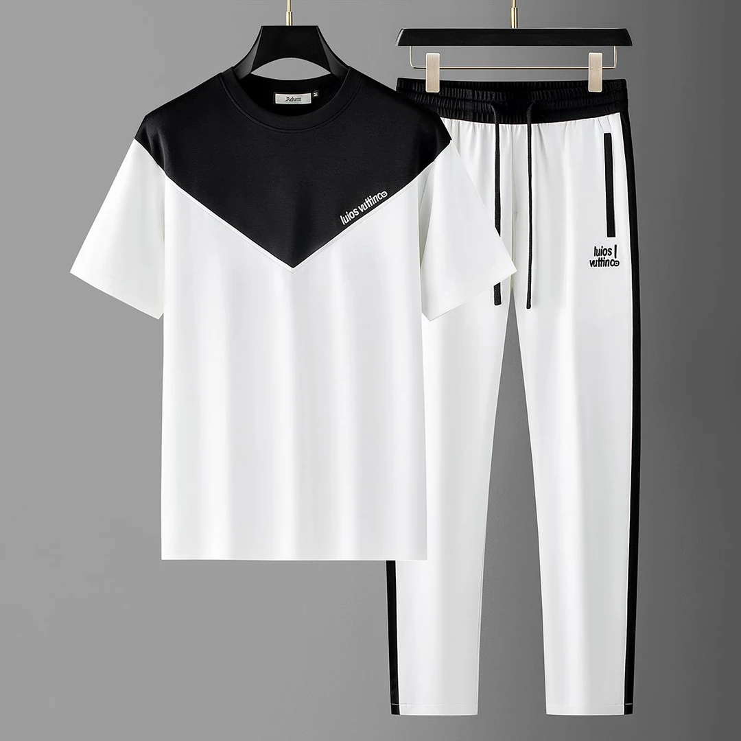 夏季高端设计师款撞色拼接冰丝面膜空气层棉男士短袖休闲运动套装