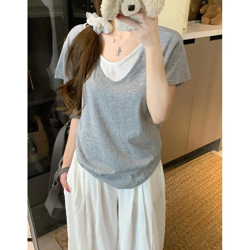 拼接假两件v领短袖T恤女夏季宽松撞色设计感美式辣妹chic百搭上衣