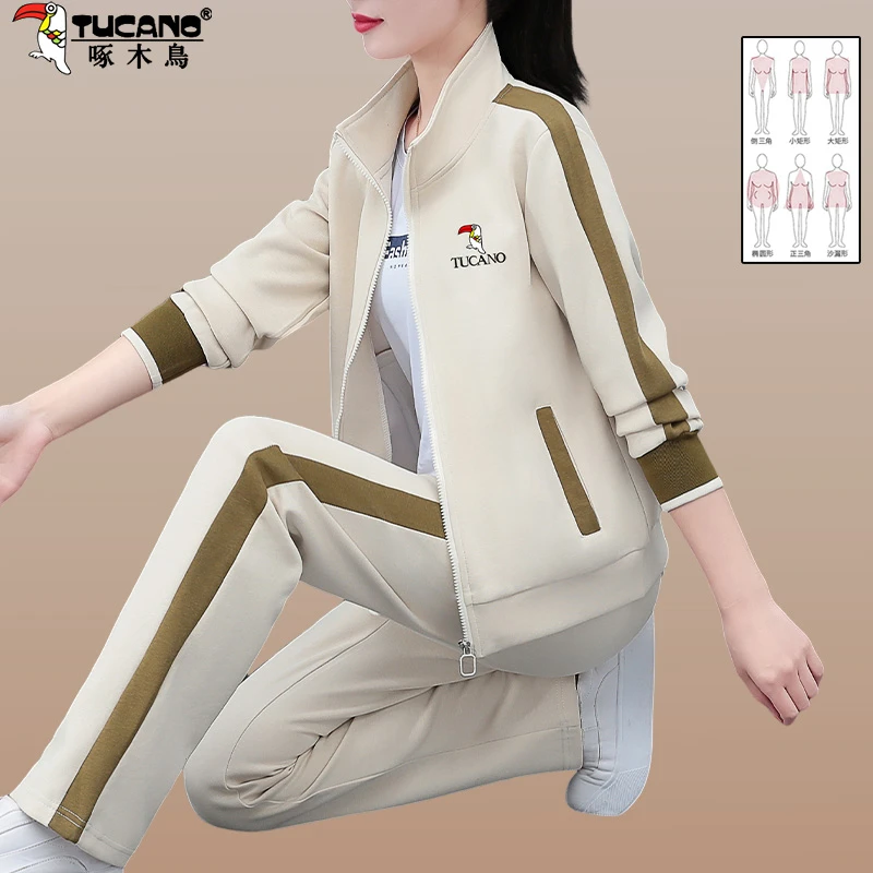 啄木鸟时尚运动套装女春秋新款休闲减龄遮肉妈妈卫衣外套三件套