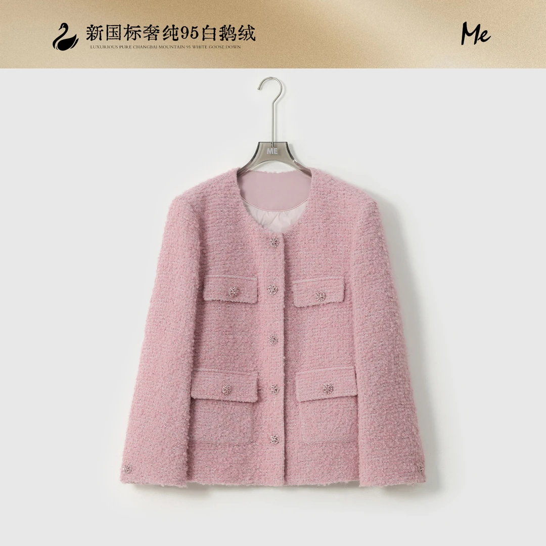 ME【桃花扇】绵羊毛混纺95白鹅绒大圈圈绒圆领小香风羽绒服MEQA3069